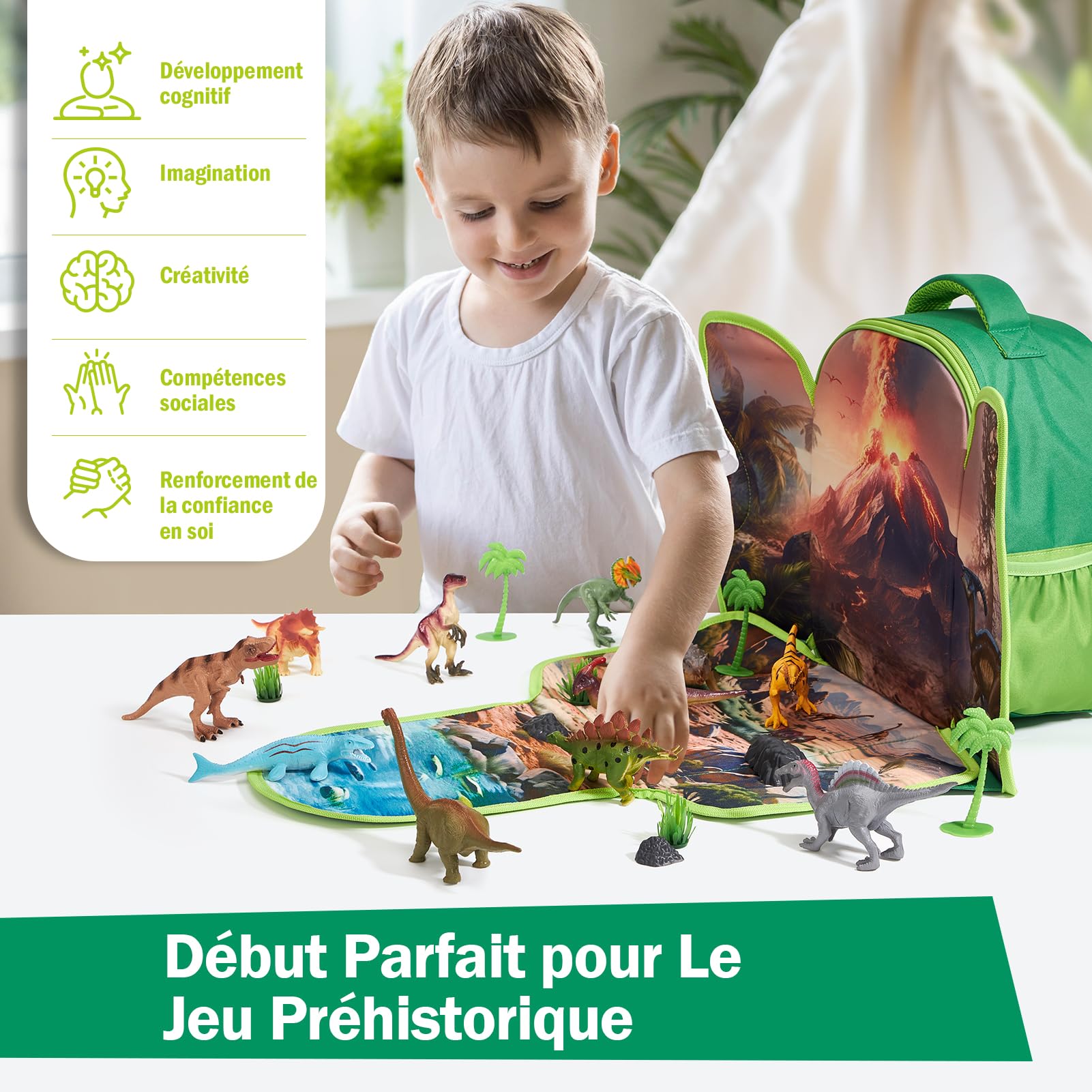COCO&Friends Dinosaures Jouet pour Enfants 3 - 7 Ans, Sac à Dos Portable avec Tapis de Jeu 3D Pliant, Cadeau pour Enfants Garçons Filles