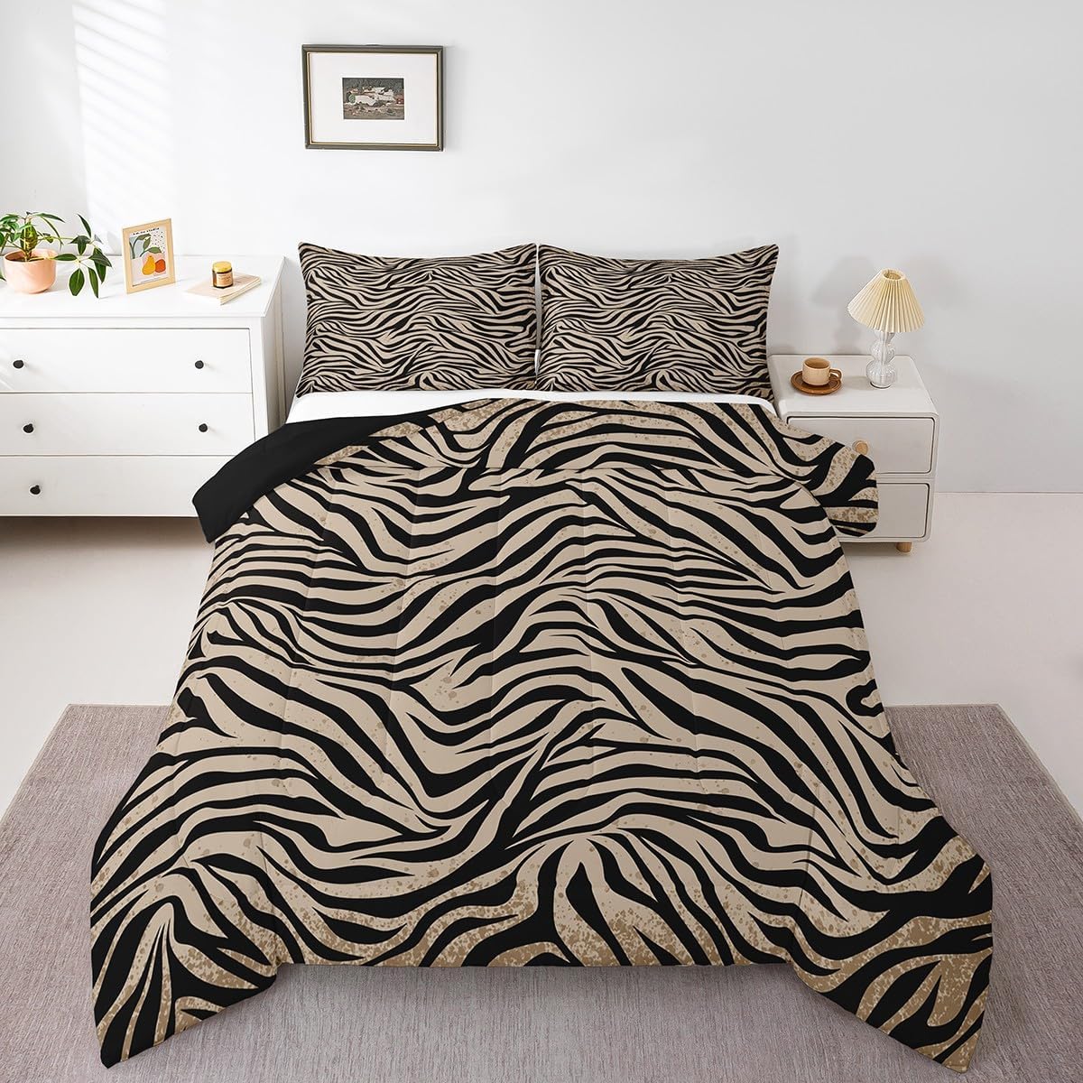Castle Fairy Black Brown Zebra Skin Full Size Comforter Set,Wild Animals Bedding Set for Adults Teens,Children Zebra Stripes Comforter Luxury Zoo Animal Fur Quilt Set Room Decor 3Pcs