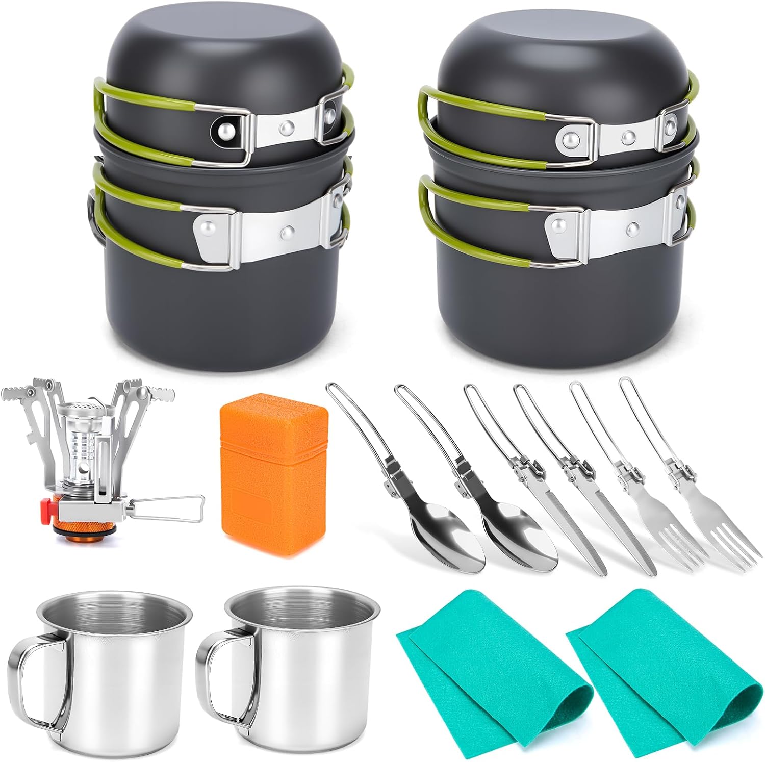Camping Cookware Set, 16pcs Lightweight Backpacking Mess Kit with Camping Pots and Pans, 2 Cups, Fork Spoon, Survival Cooking Kit for Outdoor Hiking and Picnic Camping Cookware Set, 16pcs Lightweight Backpacking Mess Kit with Camping Pots and Pans, 2 Cups, Fork Spoon, Survival Cooking Kit for Outdoor Hiking and Picnic