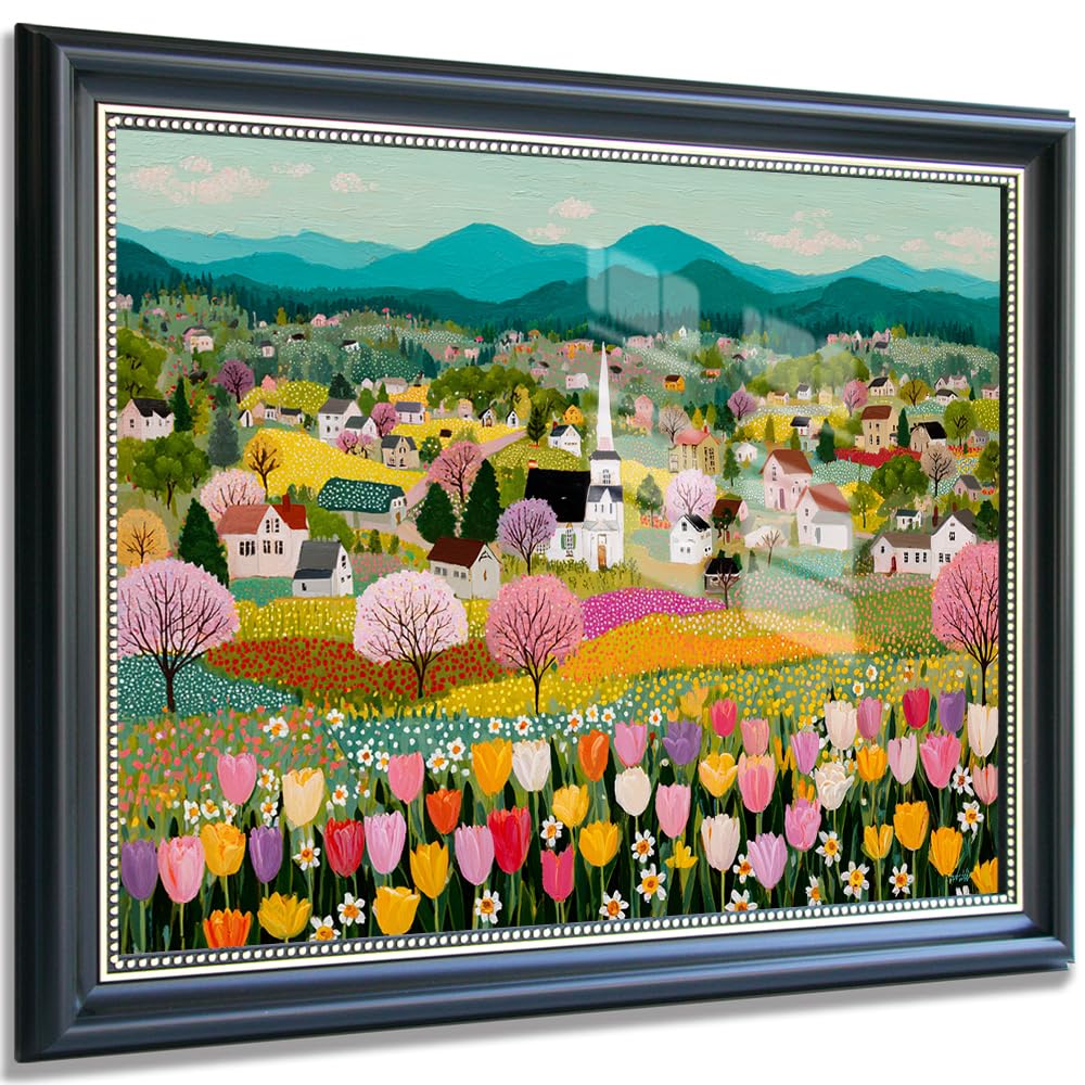 Spring Village Landscape Canvas Wall Art, Colorful Tulip Field Country Town Print, Cottagecore Farmhouse Wall Decor for Living Room 12x16in Black Frame