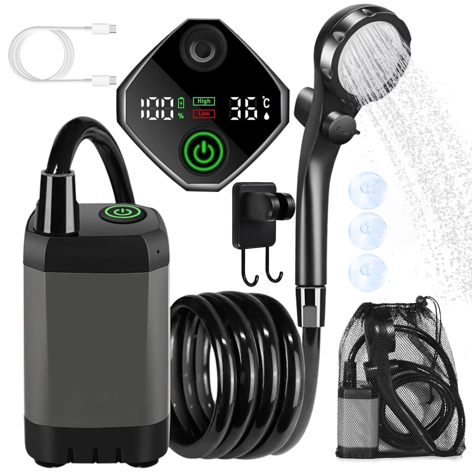 Douche Camping avec Pompe, Douche Portable pour Affichage Numérique Intelligent, Douchette Camping avec Batterie 6000mAh, pour Bain Plein Air, Lavage de Voiture, Animaux Domestiques, Jardin