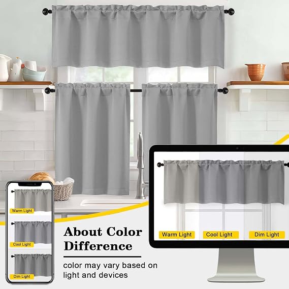 Silver Grey Cafe Curtains 24 Inch Length Tier 2 Panels Set, Soft Solid Thermal Insulated Blackout Kitchen Half Curtains for Windows for Bathroom Basement, Silver Grey, 2PCS Each 30 Wx24 L