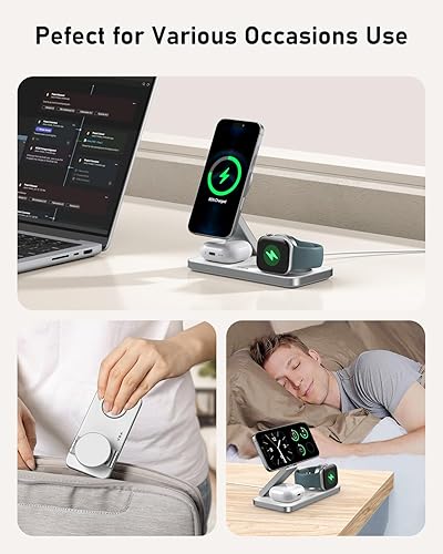 Miniatura 2 de VBA Estación de carga inalámbrica 3 en 1 para cargador Apple MagSafe, soporte de cargador inalámbrico magnético plegable de carga rápida, cargador