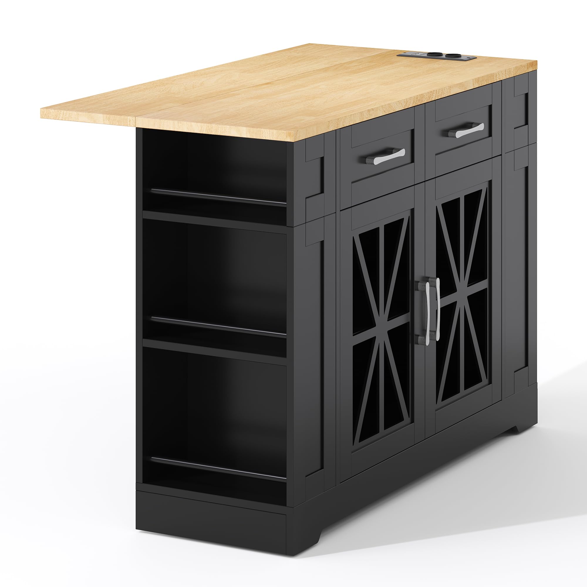 Shye Isola da cucina portatile 120 cm con tavolo da pranzo pieghevole, ripiano aperto, porta AC, porta USB, porta in vetro, laminato regolabile, ruote con freni per cucina, sala da pranzo, soggiorno