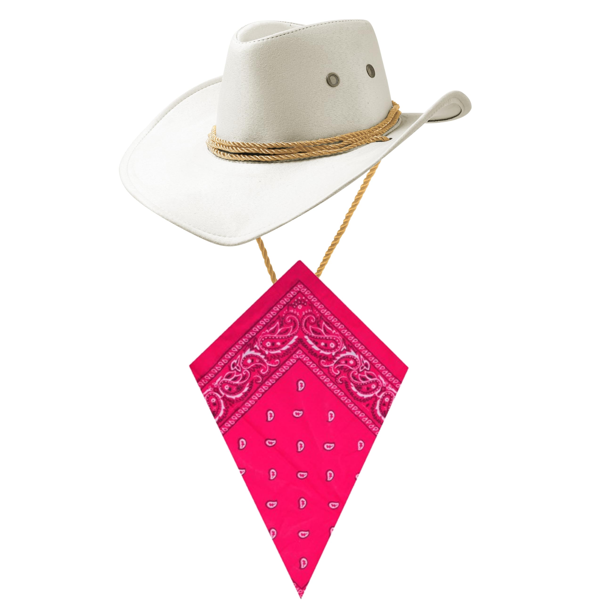 Komonee White Cowboy Hat and Pink Bandana Western Sun Cap Faux Felt Leather Suede Fancy Dress Party Costume Outfit Neckscarf Protection Mens Womens โ image 1