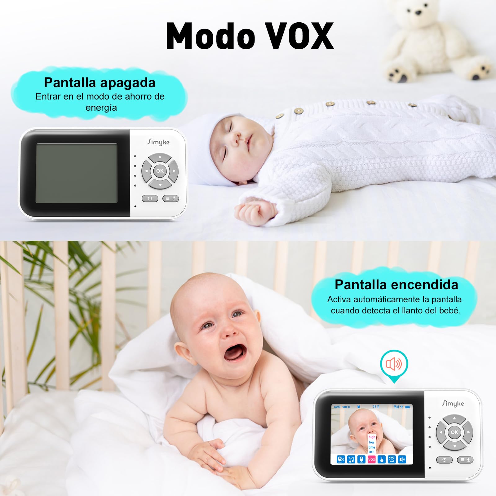 Vigilabebes con Camara WiFi y Pantalla de 2,8",Monitor Bebe con App, Audio Bidireccional,Vision Nocturna Automatica, VOX, Sensor de Temperatura, Canciones de Cuna y Largo Alcancepara el Hogar