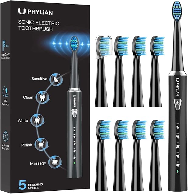 Sonic Electric Toothbrush for Adults and Kids - PHYLIAN H7 Rechargeable Whitening Toothbrush with 8 Duponts Brush Heads, 5 Modes, 3 Hours Fast Charge for 120 Days (Black)