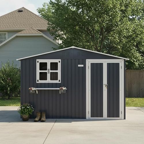 KEIKI 10x8 FT Large Metal Outdoor Storage Shed with Window, Lockable Double Doors Heavy Duty Steel Garden Tool Shed Bike Storage Rainproof Rust Resistant Windproof for Backyard Patio, Coal Gray