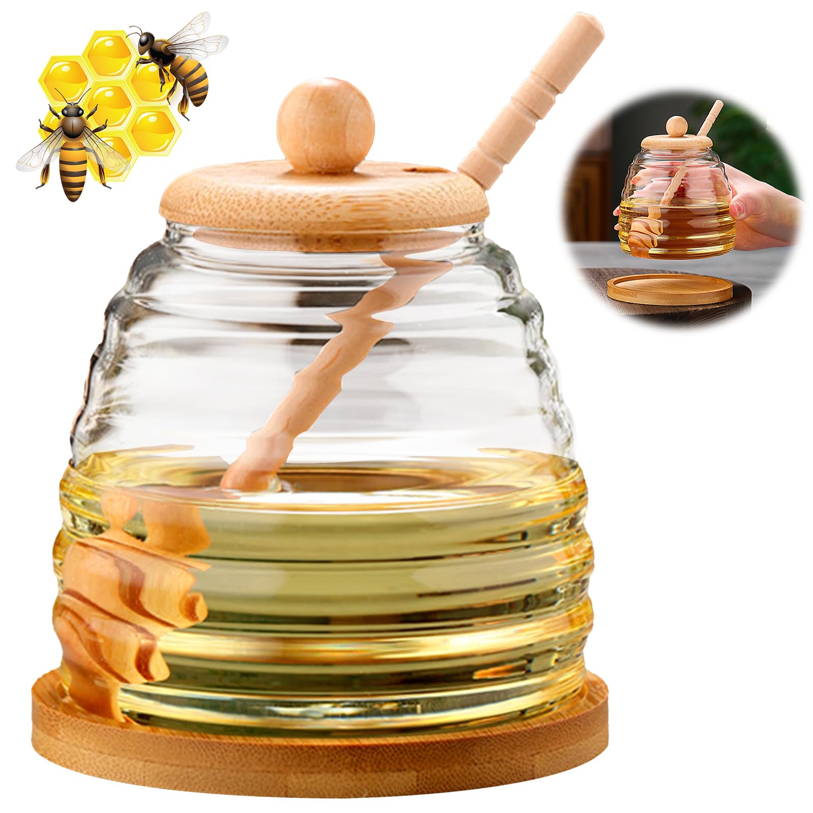 ONTUBE Pot à Miel En Porcelaine Avec Couvercle Et Bâton - Pot à Miel En Porcelaine Avec Couvercle Et Batonnet Pot A Miel En Ceramique 350 Ml Beige