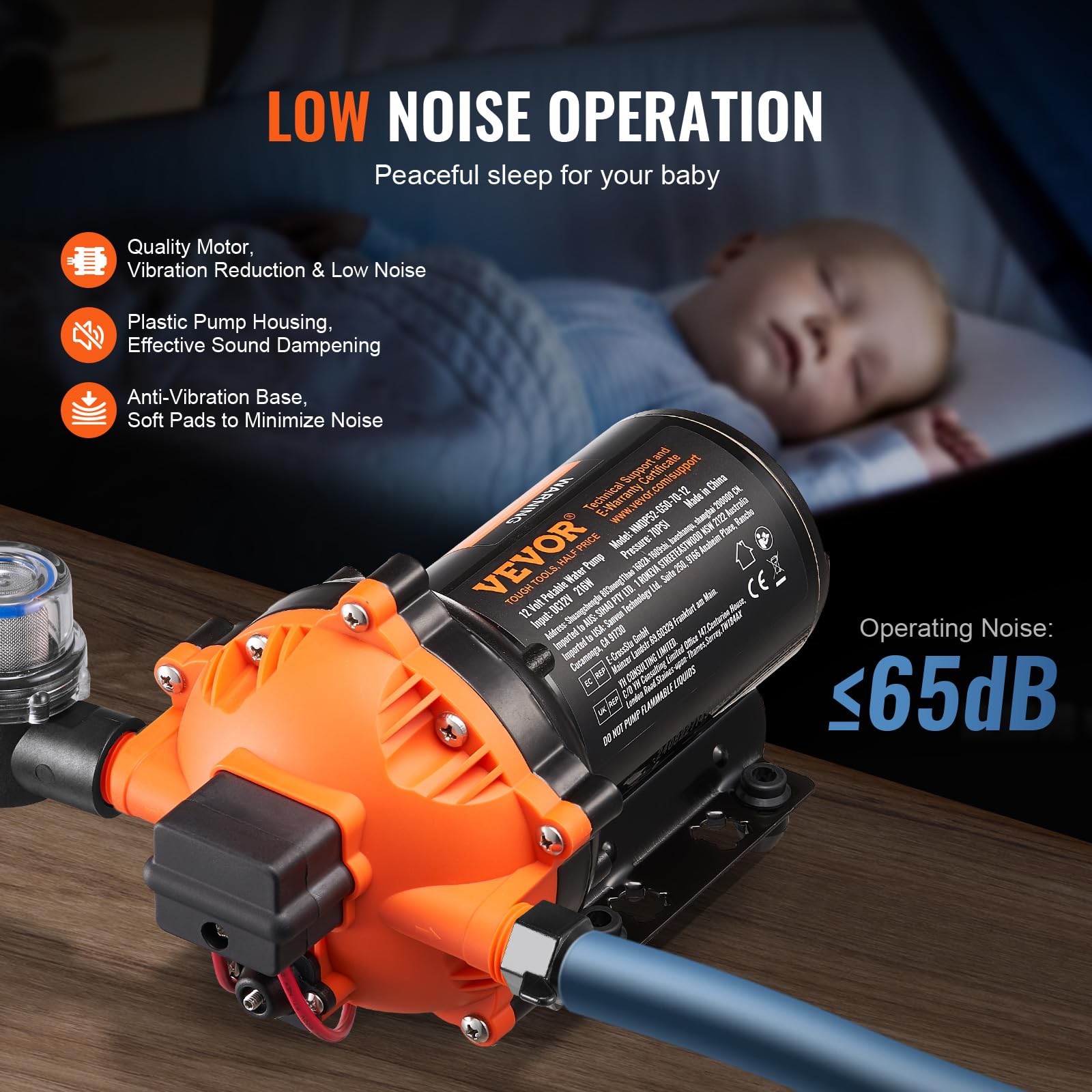 VEVOR Pompa a Membrana 12V, 5 GPM 18,93 L/min, Pompa per Acqua a 5 Camere 12 Volt CC con Pressostato Automatico 40-100 PSI Regolabile, 70 PSI, Porta MNPT per Camper Yacht Food Truck Camper Nautica