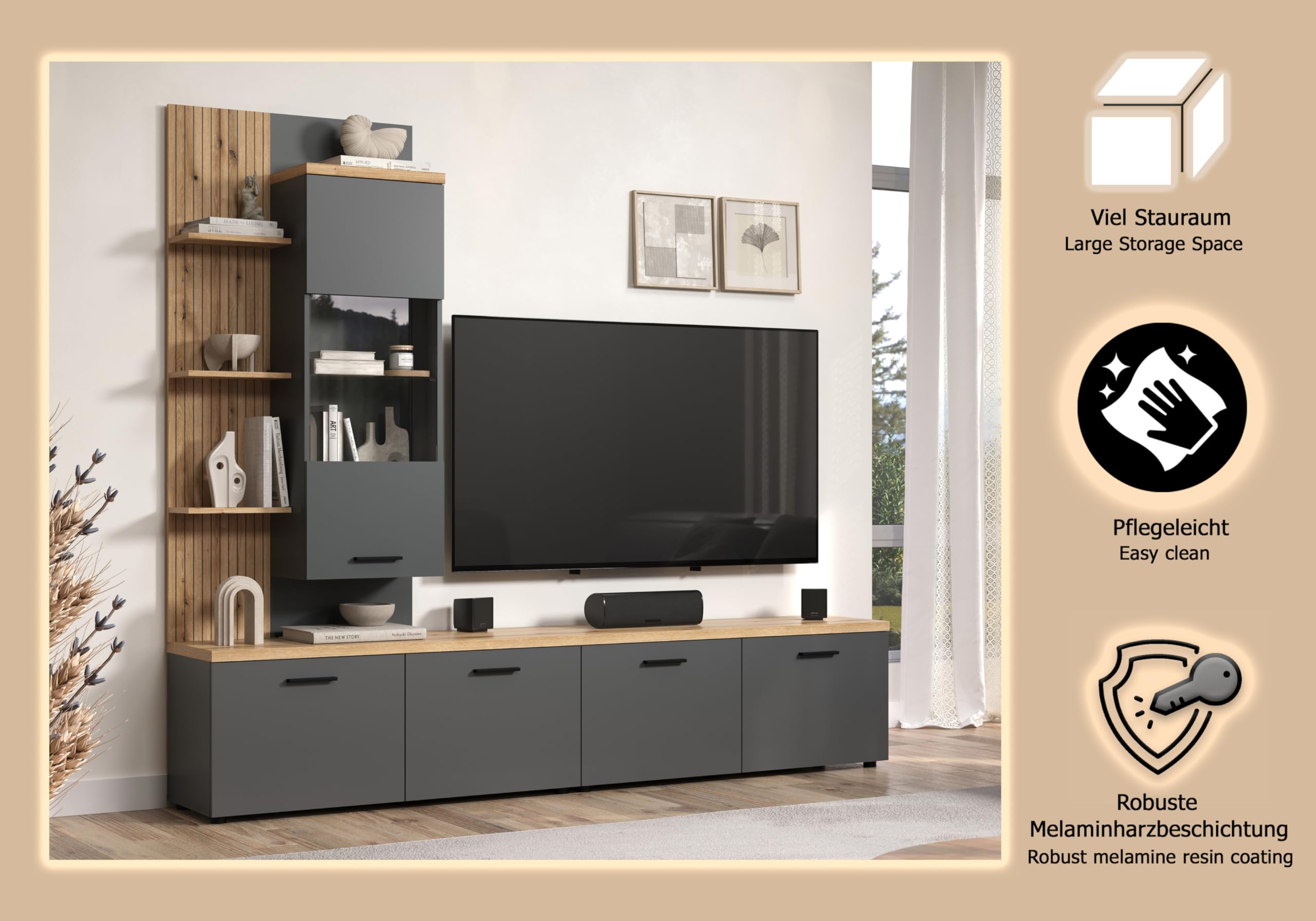 trendteam smart living Baggio Wohnwand Grau/Eiche Kombination aus Hängevitrine und 2 Lowboards (BxHxT) 240 x 212 x 40 cm für TV bis 65 Zoll