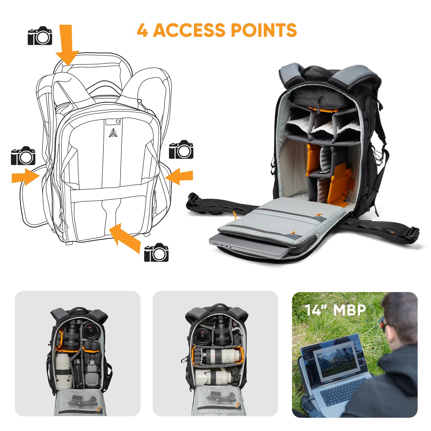 Lowepro ProTactic BP 350 AW III Zaino Professionale per Fotocamera, Accesso Multiplo, DSLR/Droni/Mirrorless, Laptop fino a 14', Copertura Antipioggia, per Fotografi e Videografi, Capacità 17L