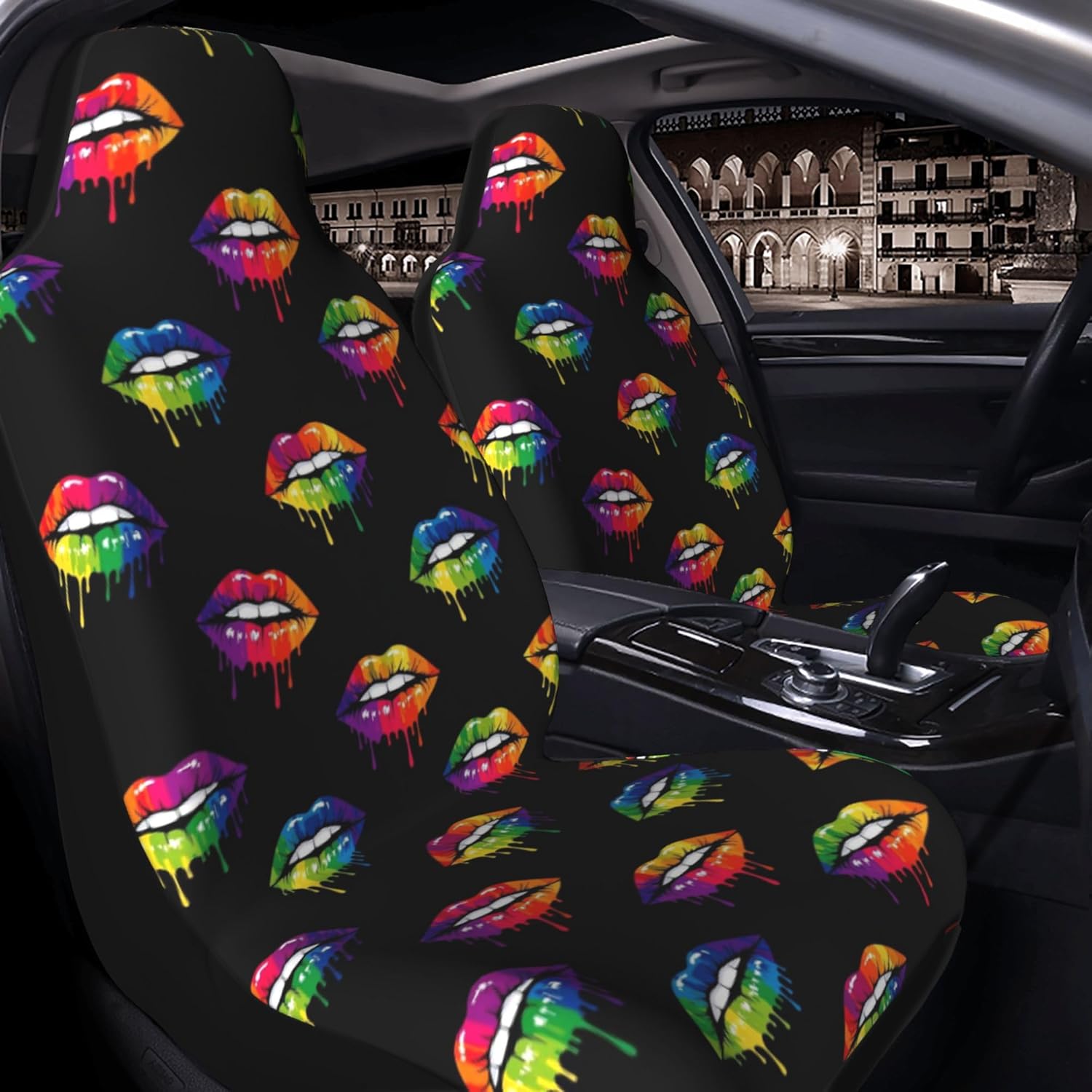 LGBT Gay Homosexual Lesbian Rainbow Lips Pride Bucket Seat Cover Novelty Universal Car Seat Covers Fit Most Bucket Seats, Suvs, Edans, Vehicles