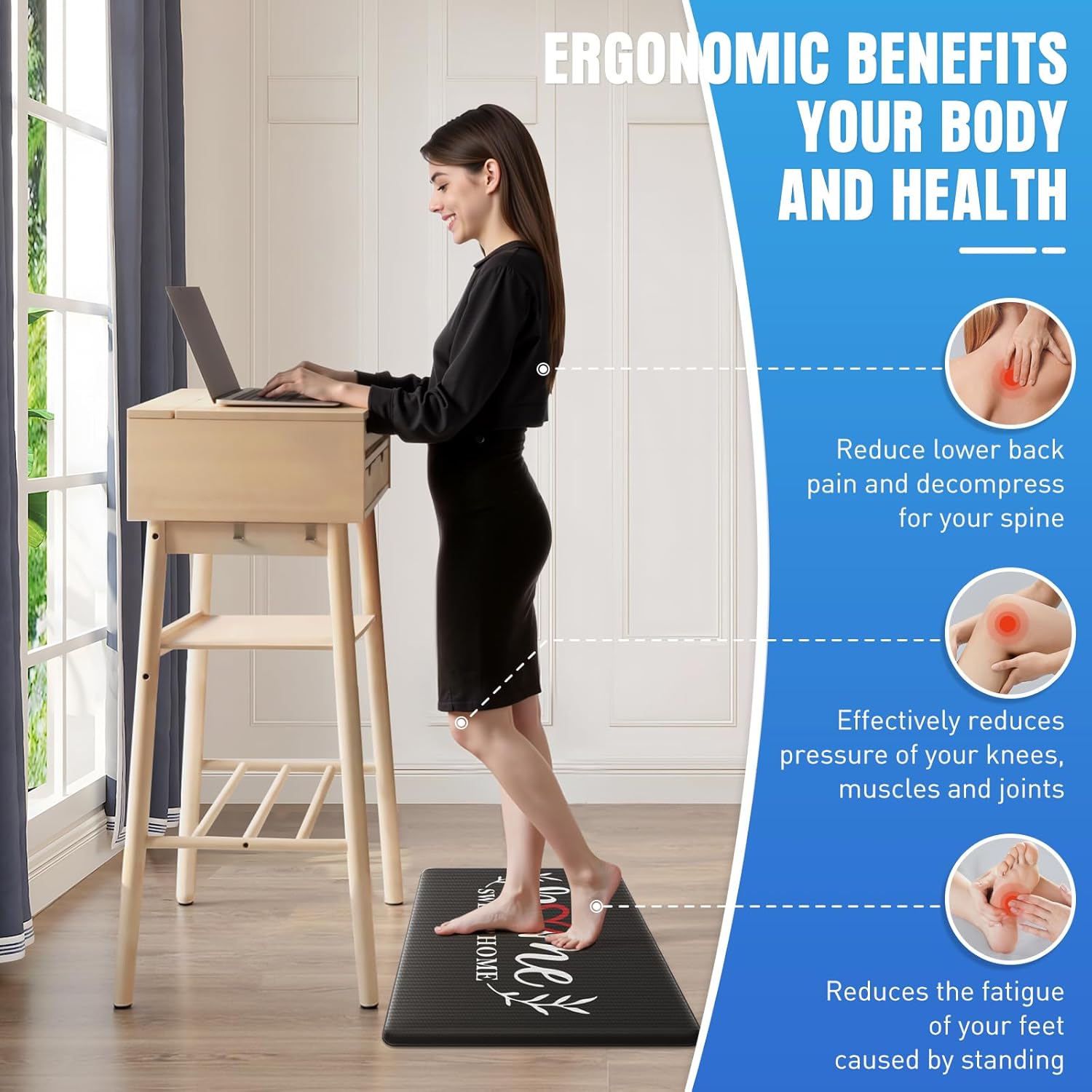 HappyTrends Kitchen Mat for Floor, 2PCS Cushioned Anti-Fatigue Kitchen Rugs, Waterproof Non-Slip Standing Mats and Rugs Set for Kitchen, Office, Laundry, Black, 17.3"×30"+17.3"×59"