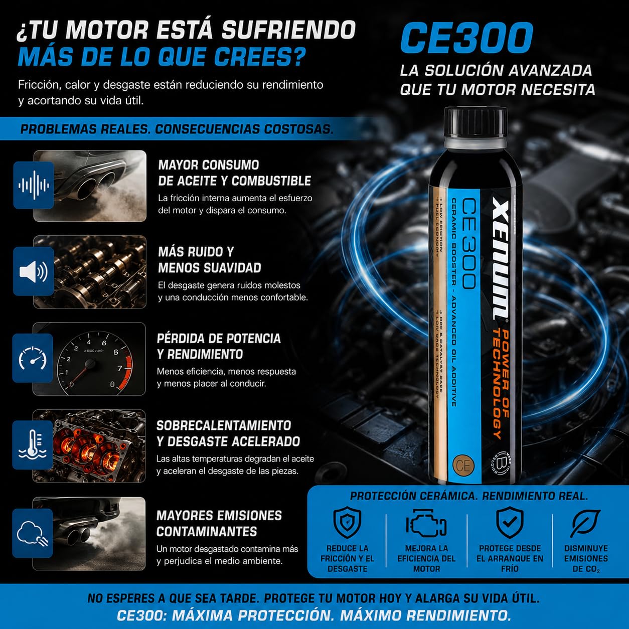 Genérico Xenum CE300 Aditivo Cerámico para Aceite de Motor 300 ml | Reduce Fricción, Ruido y Desgaste | Mejora Rendimiento y Consumo | Compatible Diésel y Gasolina | Coches, Motos, Camiones y Barcos