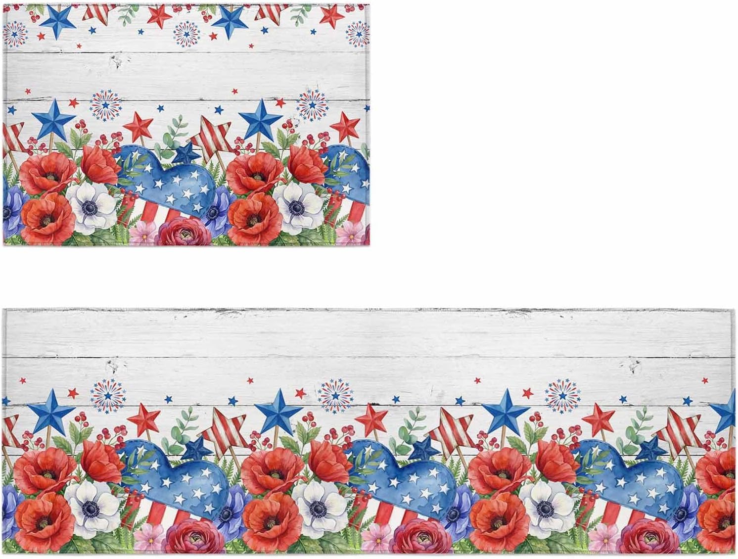 Kitchen Mats for Floor Independence Day Red Flower USA Flag Star Washable Non Slip Kitchen Rugs 2PCS, Wood Grain Absorbent Standing Mats for Sink Bathroom Office Living Room 15.7x23.6in+15.7x47.2in