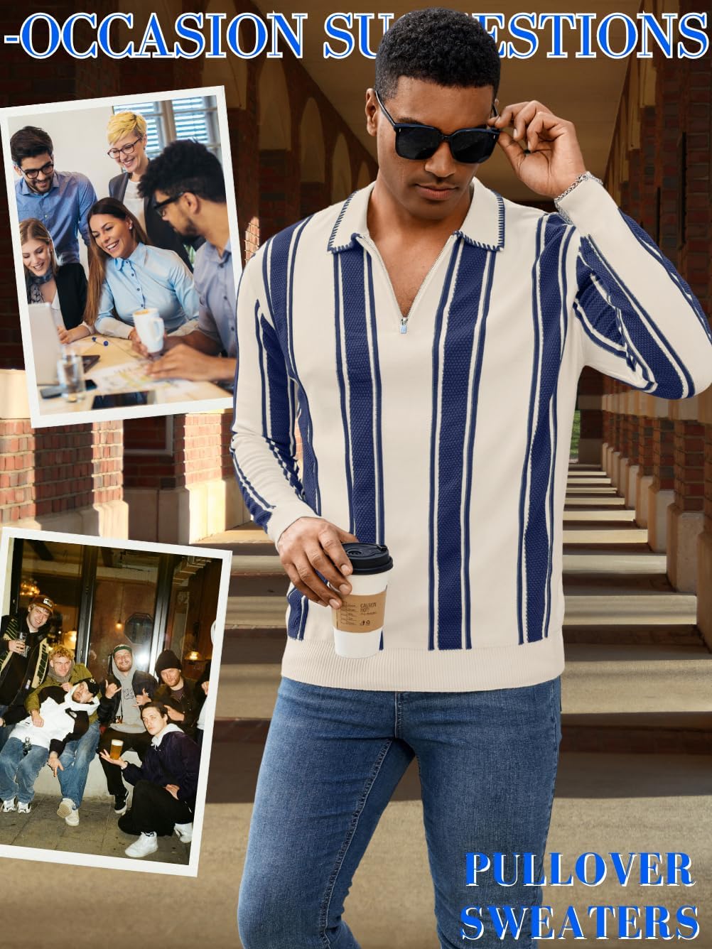 Men's Slim Fit Lapel Quarter-Zip Polo, Striped Lightweight Knit Pullover for Casual Wear - Image 7