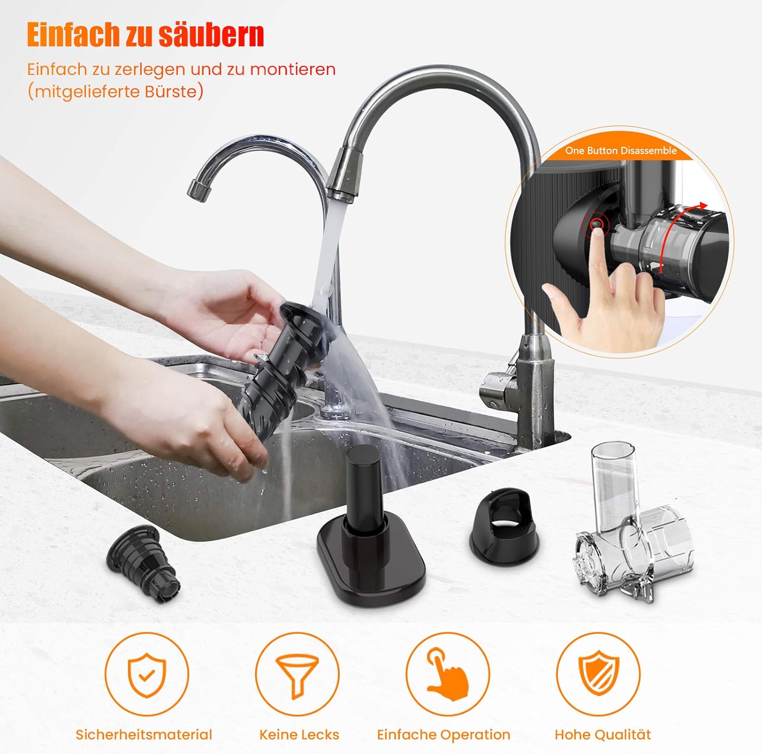 Disassembled juicer parts being cleaned under running water