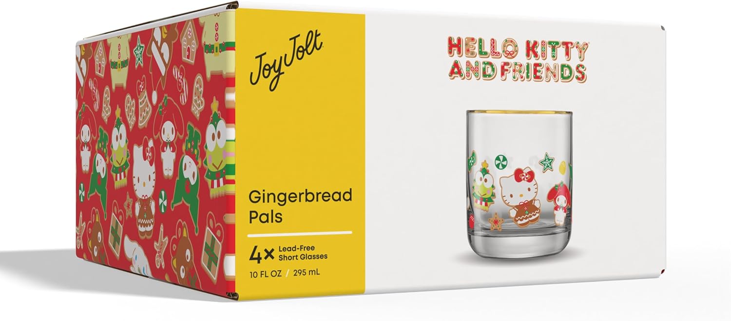 JoyJolt Hello Kitty and Friends Gingerbread Pals Short Glasses, Drinking Glasses Set of 4, 10oz Lowball Glass Tumblers for Water Soda Juice, Kawaii Sanrio Hello Kitty Glassware Cute Hello Kitty