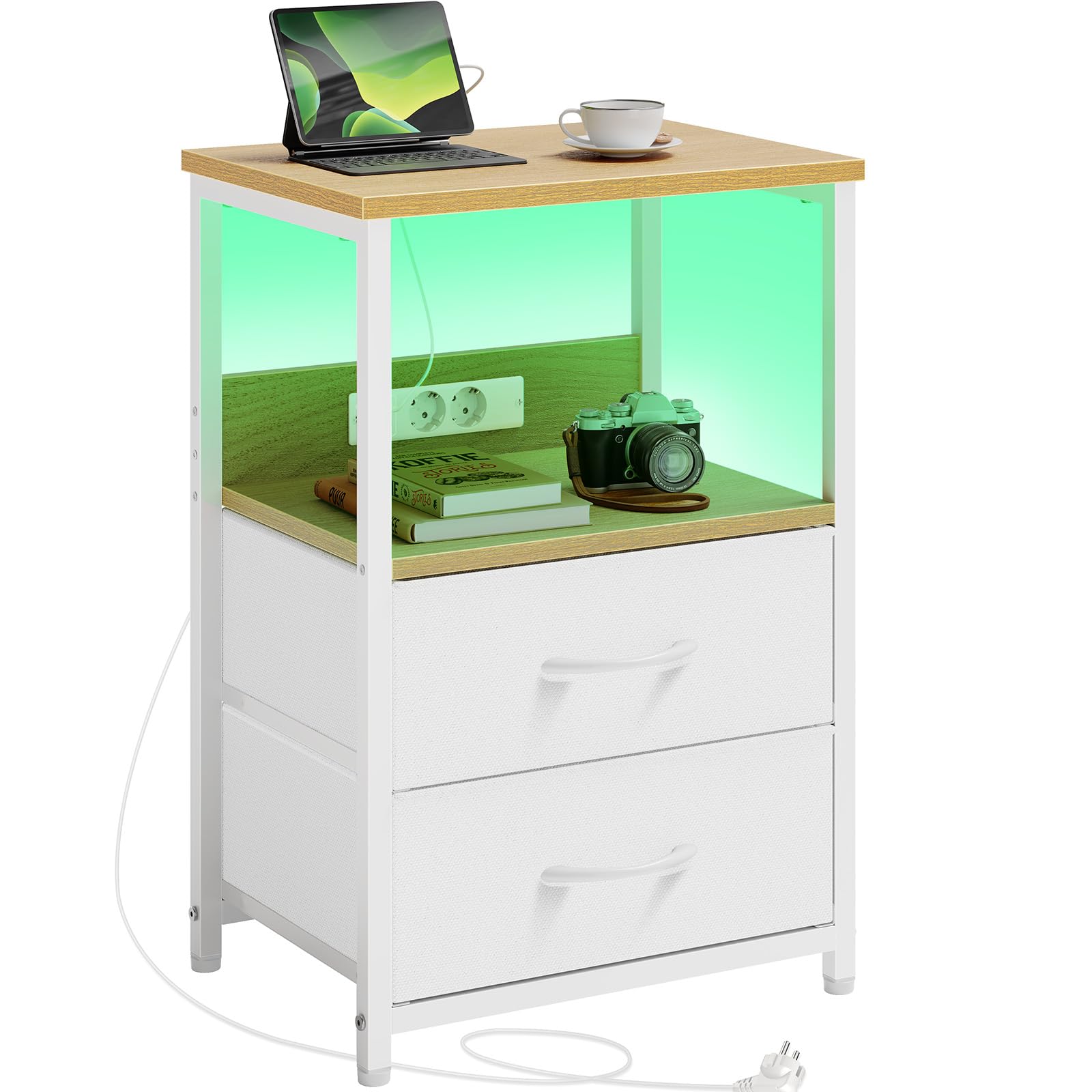 Rolanstar Nachttisch mit Ladefunktion, Beistelltisch mit LED-Leuchten, 2 Stoffschubladen & 3-stufiger Aufbewahrungs, Nachtschrank aus Holz für Schlafzimmer (1, Hellbeige)