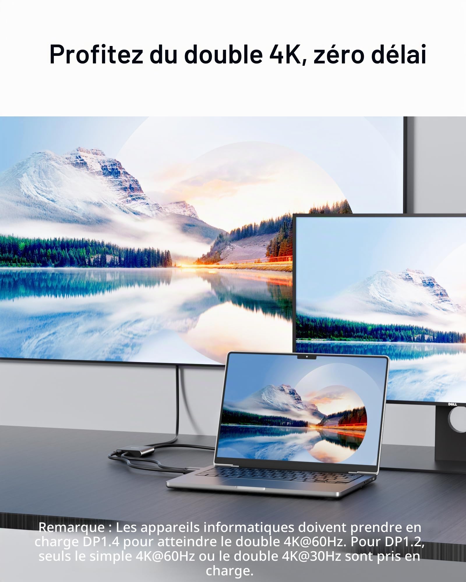 Adaptateur répartiteur DisplayPort vers double DisplayPort, concentrateur MST 4K60Hz 1 entrée 2 sorties pour double moniteurs, répartiteur de port d'affichage DP1.4