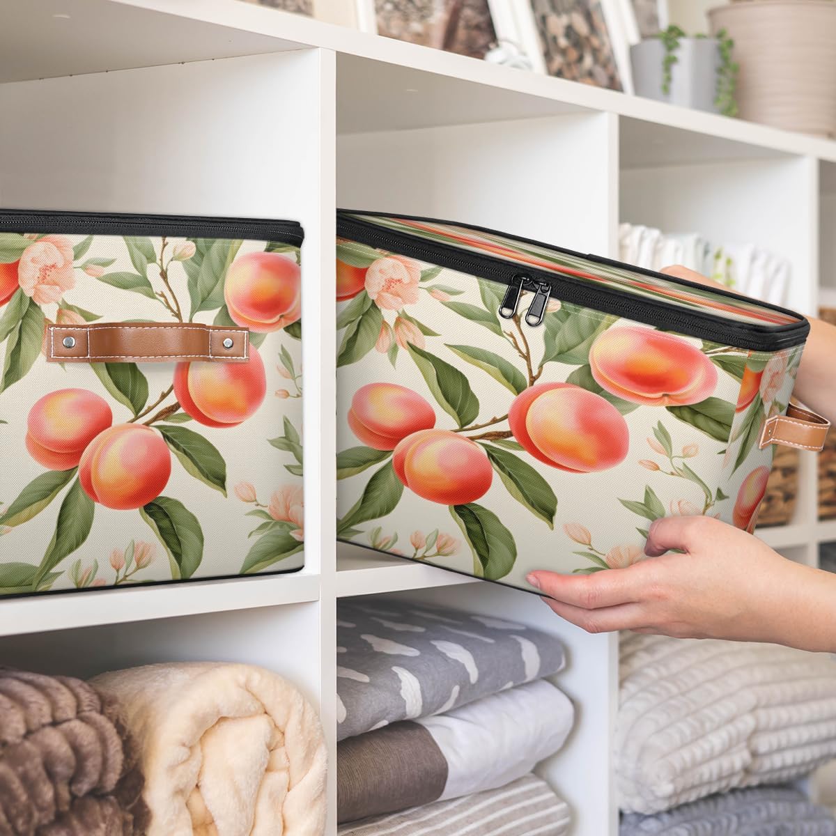 Storage Bin Set of 2 Fruit Peach Tree Storage Basket with Zipper Lid & Handle Foldable Closet Shelf 2 Pack Cloth Organizer Basket Cube Bins Clothes Organizer for Bedroom, Nursery