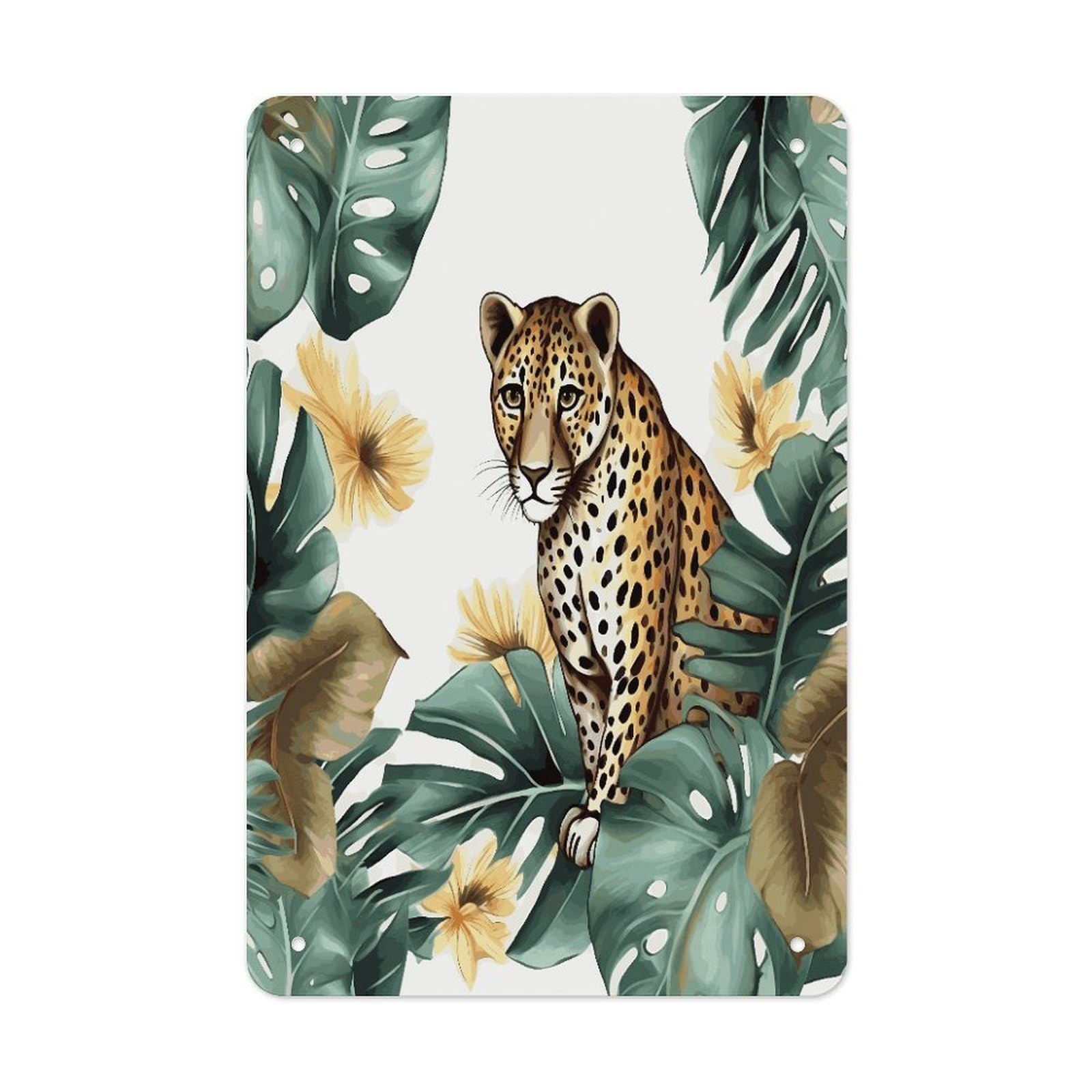 Leopard And Palm Leaves Metal Tin Sign Wall Decor Funny Retro Sign Weatherproof Metal Wall Art for Indoor Or Outdoor Retro Tin Signs for Kitchen Office Home Bar Decor 11.8 X 7.9 Inch