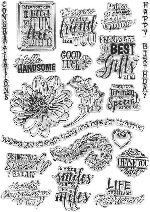 Blessing Words Flowers Leaves Clear Stamps for Card Making Decoration DIY Scrapbooking, Transparent Rubber Seal Stamps for Photo Card Album Crafting Supplies.