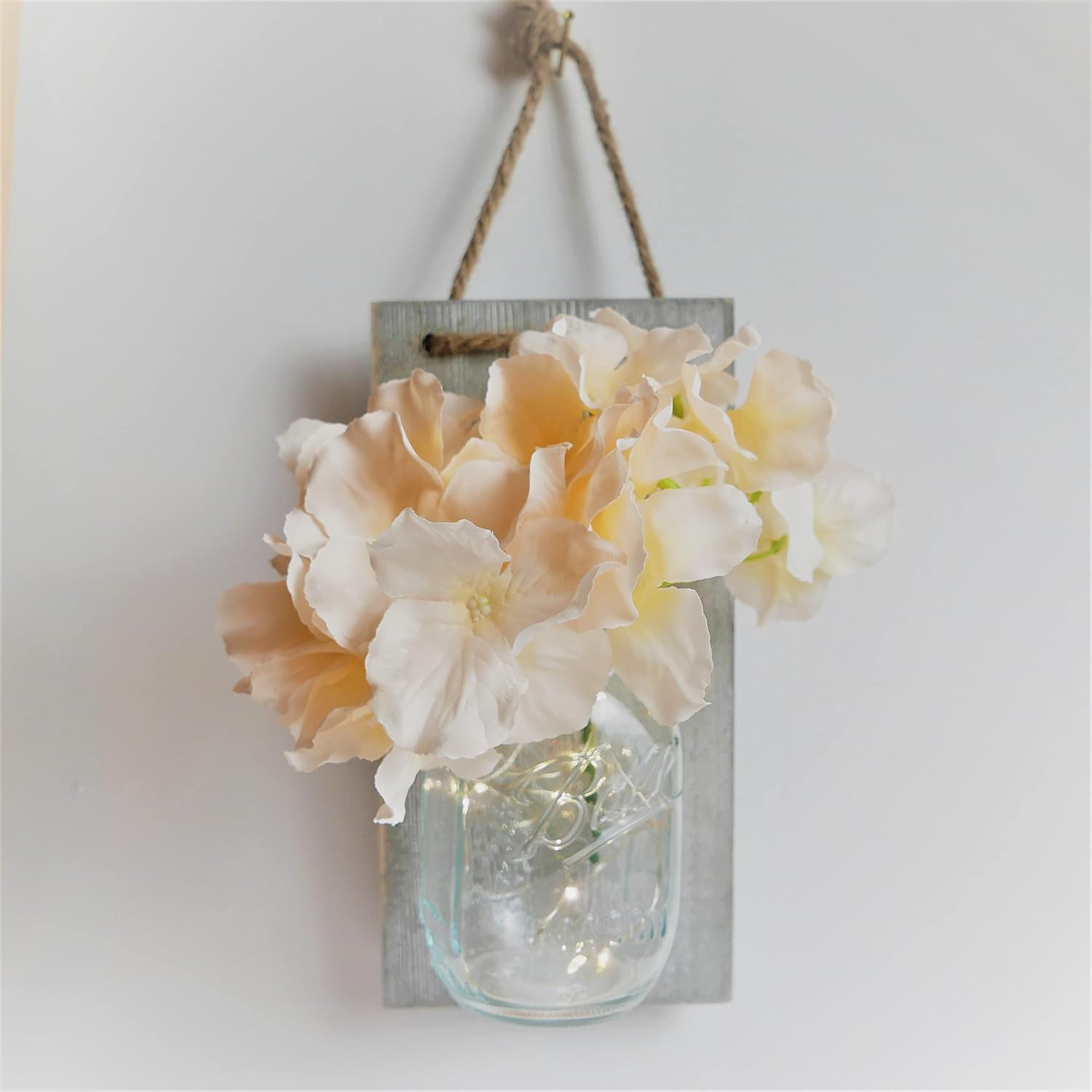 TEEHOME Rustic Hanging Mason Jar Sconces Home Decor (2 pcs) with LED Fairy Lights, Vintage Wrought Iron Hooks Kitchen Decoration, Silk Hydrangea Flower LED Strip Lights Design