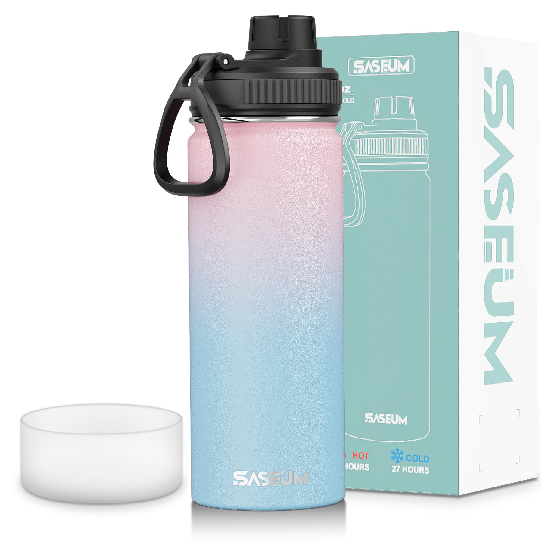 SASEUM Botella de agua deportiva de acero inoxidable de 18 onzas, taza térmica al vacío de doble pared con tapas de boquilla a prueba de fugas, jarra de agua aislada de metal de boca ancha para
