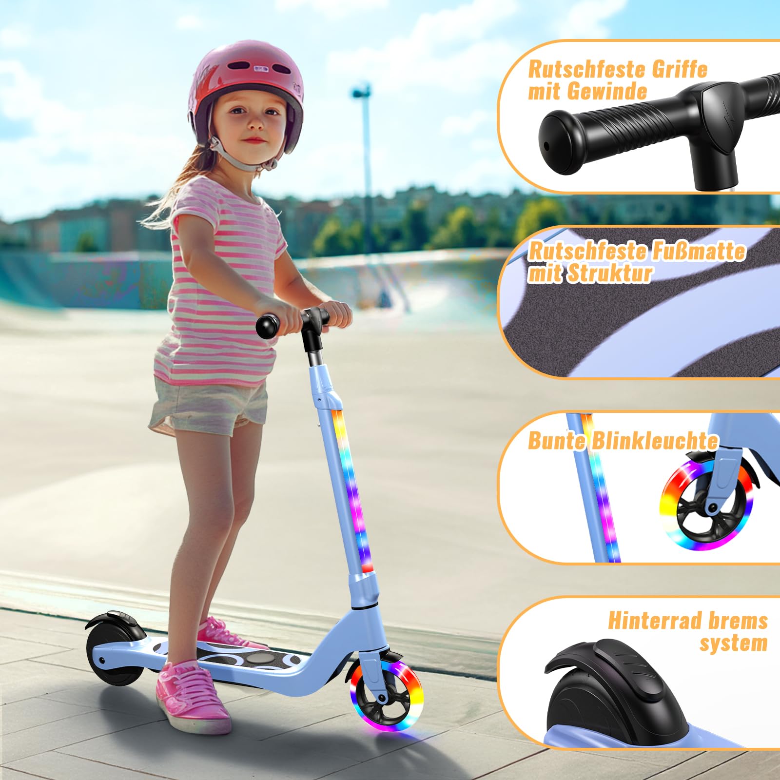 Patinete TST para niños de 6 a 10 años, Patinete eléctrico de 5.3 Pulgadas para niños con Luces LED Intermitentes y 3 Alturas Ajustables, Patinete para niños con Motor de 45W, Velocidad máxima 10km/h