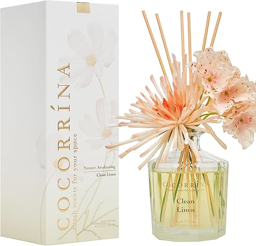 COCORRÍNA Difusor de varillas  Clean Linen - Juego de difusor de varillas de flores de 8.5 onzas con 8 varillas, difusor de varillas de fragancia