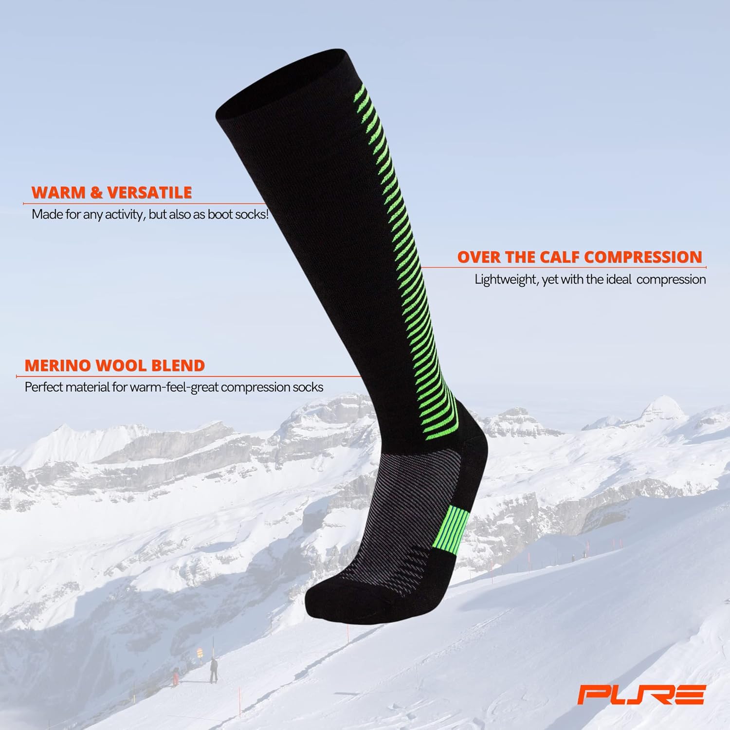Pure Athlete Wool Compression Ski Socks - Ultra Compression Thermal Boot Socks for Skiing Hiking Hunting Cold Weather