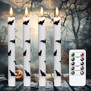 Eldnacele Halloween Flameless Taper Flickering Candles with Remote and Timer, Battery Operated Bats Decal Real Wax 3D Wick LED Candles White 4 Pack for Fireplace Holiday Spooky Halloween Decor