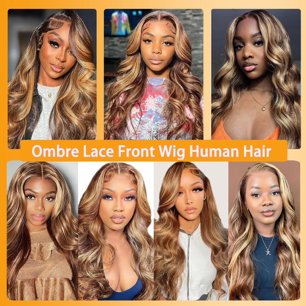 QTHAIR 18A 13x6 Highlight Body Wave Lace Front Wigs Human Hair 30" Honey Blond Ombre Wig 180% Density Body Wave Pre Plucked 13x6 Hd Lace Front Wigs Human Hair
