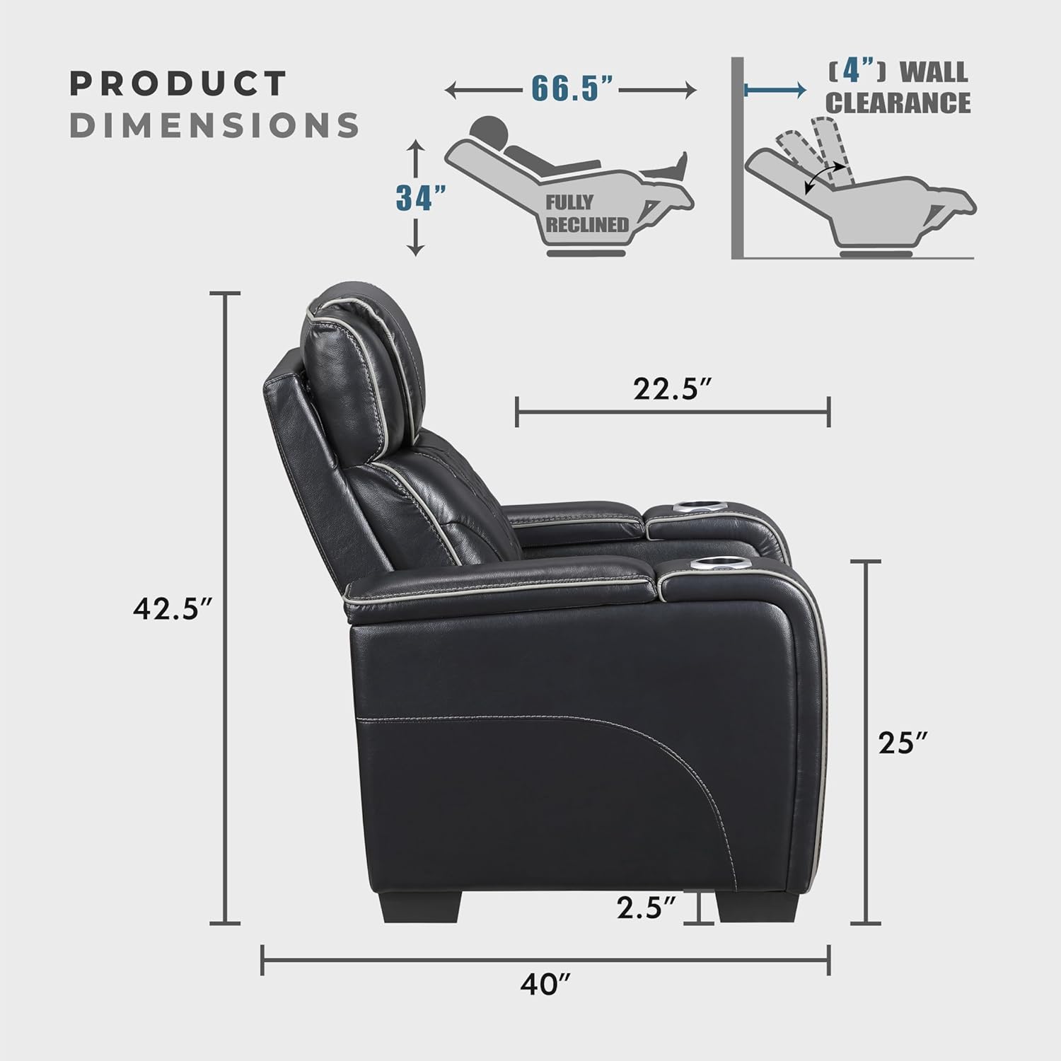 Lexicon Power Double Reclining Sofa, Center Drop-Down Table with Heat/Massage/Headrest/Storage Arms/Cup Holders/LED Lights/Wireless Charging, Top Grain Leather Match Wall Hugger Recliner Sofa, Black