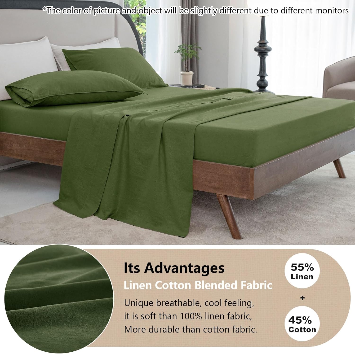 Talasily Linen Sheets-Full Size Sheets Set,Blend from Linen Cotton Bedsheets,All Seasons Soft Breathable 4 Piece Set-Mossy Green