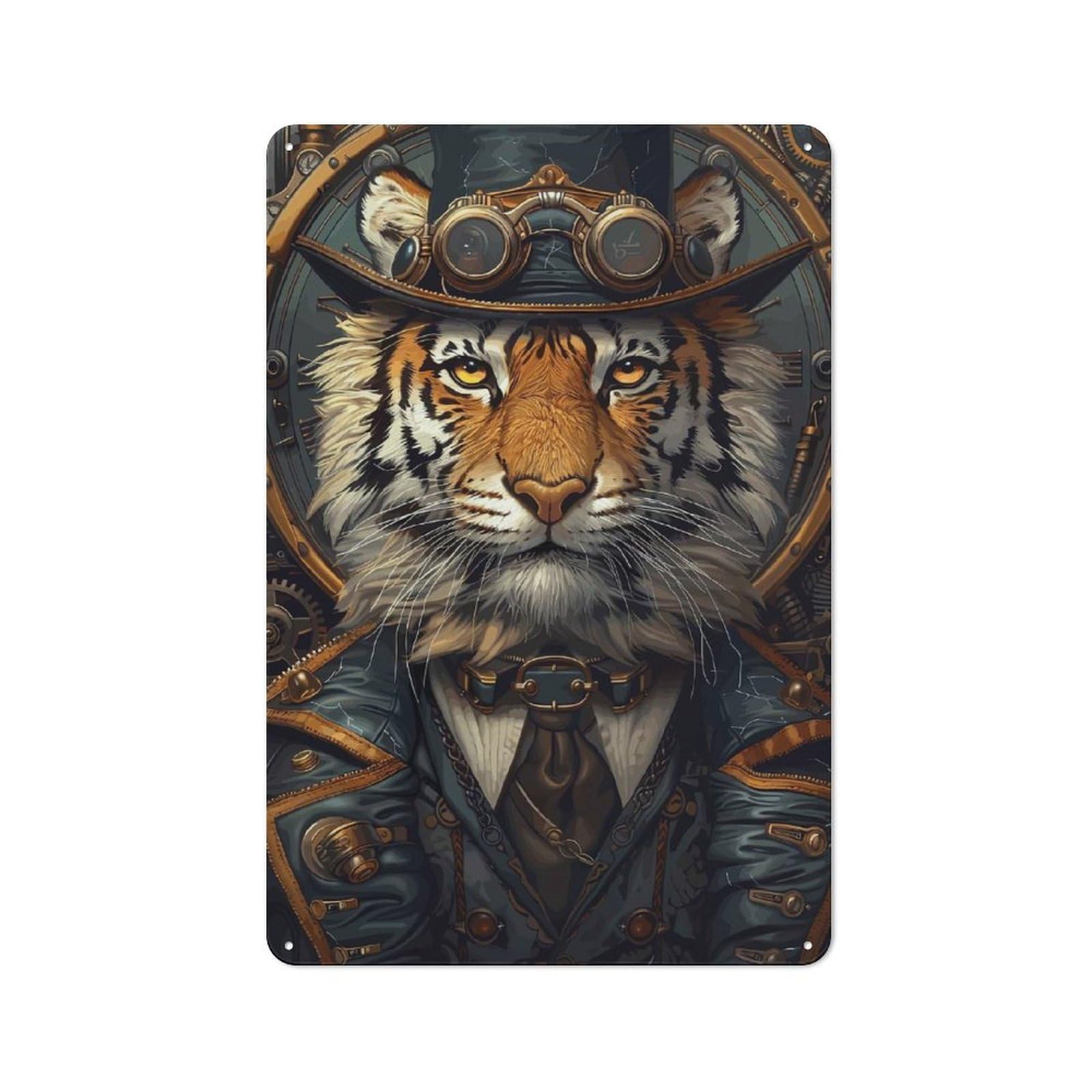 Junmoney Steampunk Animal Tiger Metal Sign 30X20cm With For Pub Or Café, Retro Decor, For Cooler-Month Interiors With Retro Character