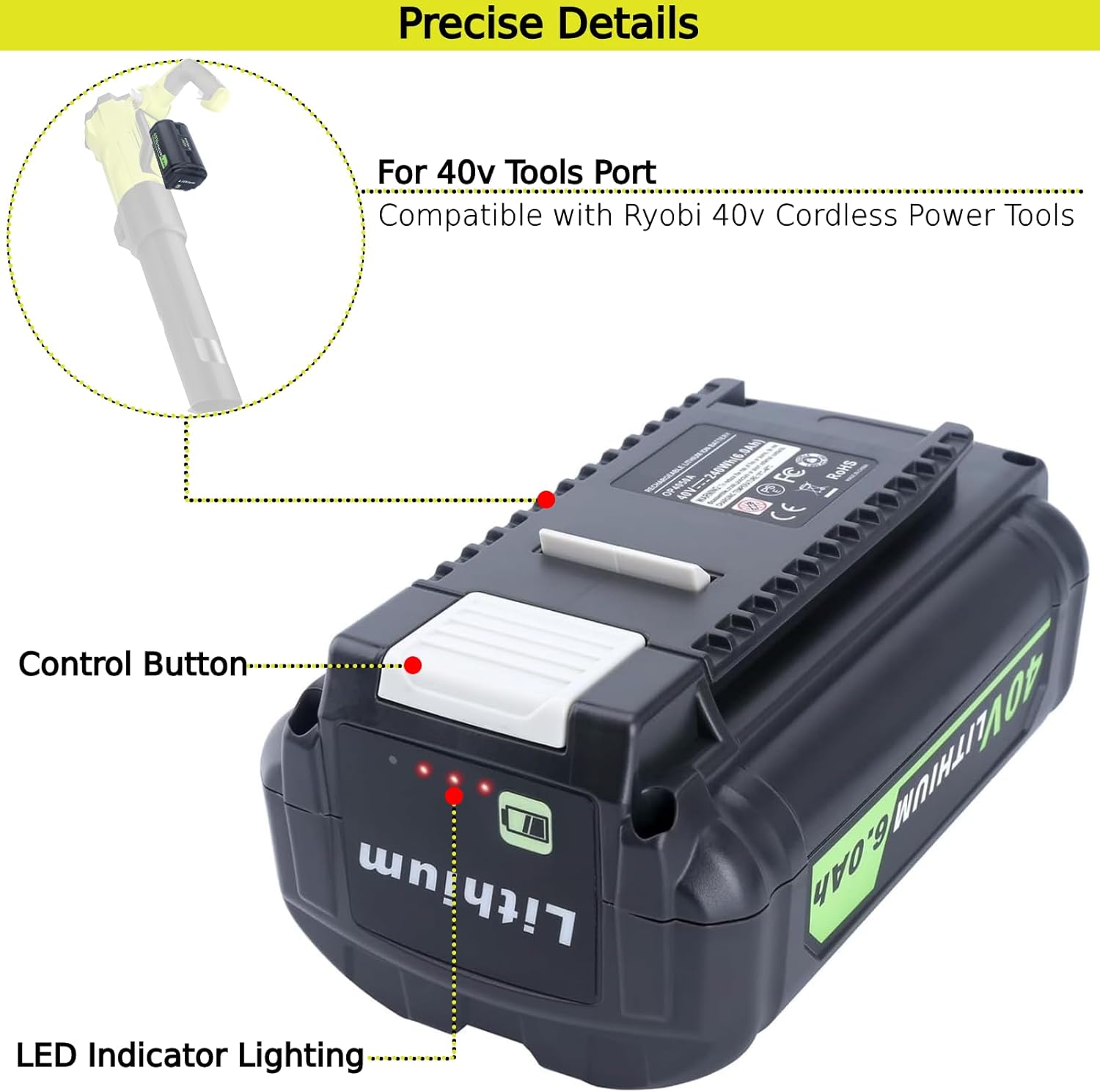Tulepowceeng 40V 6.0Ah Lithium Replacement Battery Compatible with Ryobi 40v Cordless Power Tools, Replacement for 40v Battery OP4020 OP4015 OP4026 OP4026A OP4030 OP4040 OP40601