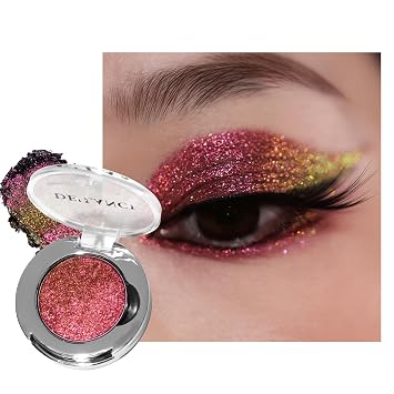 DELANCI Single Multichrome Eyeshadow, Burgundy Red Glitter Metallic Eyeshadow, Ultra Pigmented Multicolour Pink Purple Gold Shade, Long Lasting Waterproof Sparkly Eye Shadow for Festival Goth Makeup