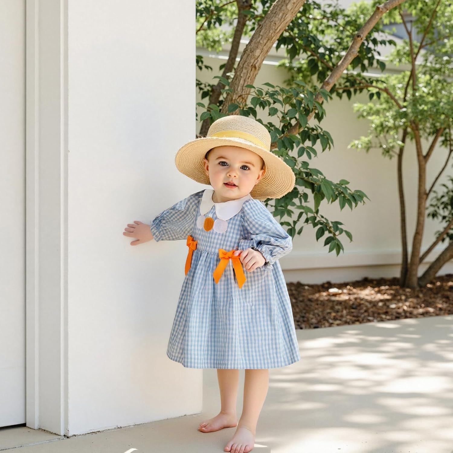 Toddler Baby Girl Halloween Clothes Pumpkin Embroidery Dresses Plaid Long Sleeve Smocked Dress Fall Winter Outfit - Image 2