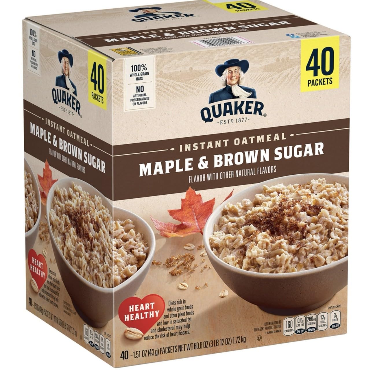 Avena Instantánea Quaker, Sabor Maple Brown Sugar, Paquetes de 1.51 oz, 40 Unidades