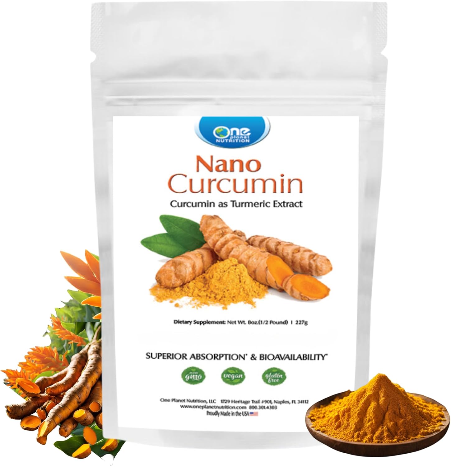 One Planet Nutrition Nano Curcumin Powder - 8 oz (227 Servings) - Nano-Particle Size for High Absorption - Turmeric Extract - Immune & Brain Support - Gluten Free, Non GMO, Vegan
