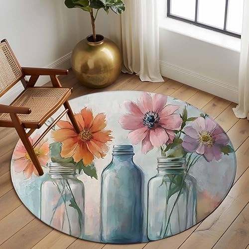 Miniatura 3 de 8ft Round Rug, Watercolor Flowers Non-Skid Rubber Backing Large Area Rugs - Living Room Bedroom Home Office, Retro Rustic Botanical Floral Leaves