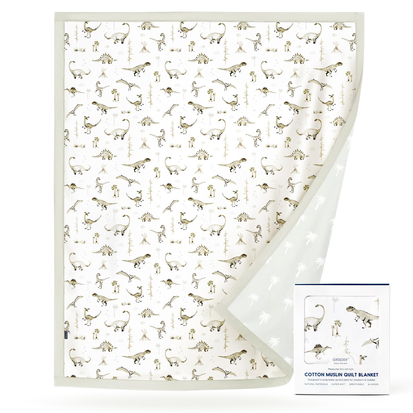 GRSSDER Cotton Muslin Quilt Blanket - Silky Soft and Breathable Kids' Throw Blanket, Oversized Muslin Blankets for Newborns, Toddlers &amp; Kids, 6 Layers Reversible Design for All Seasons, 55" x 69"