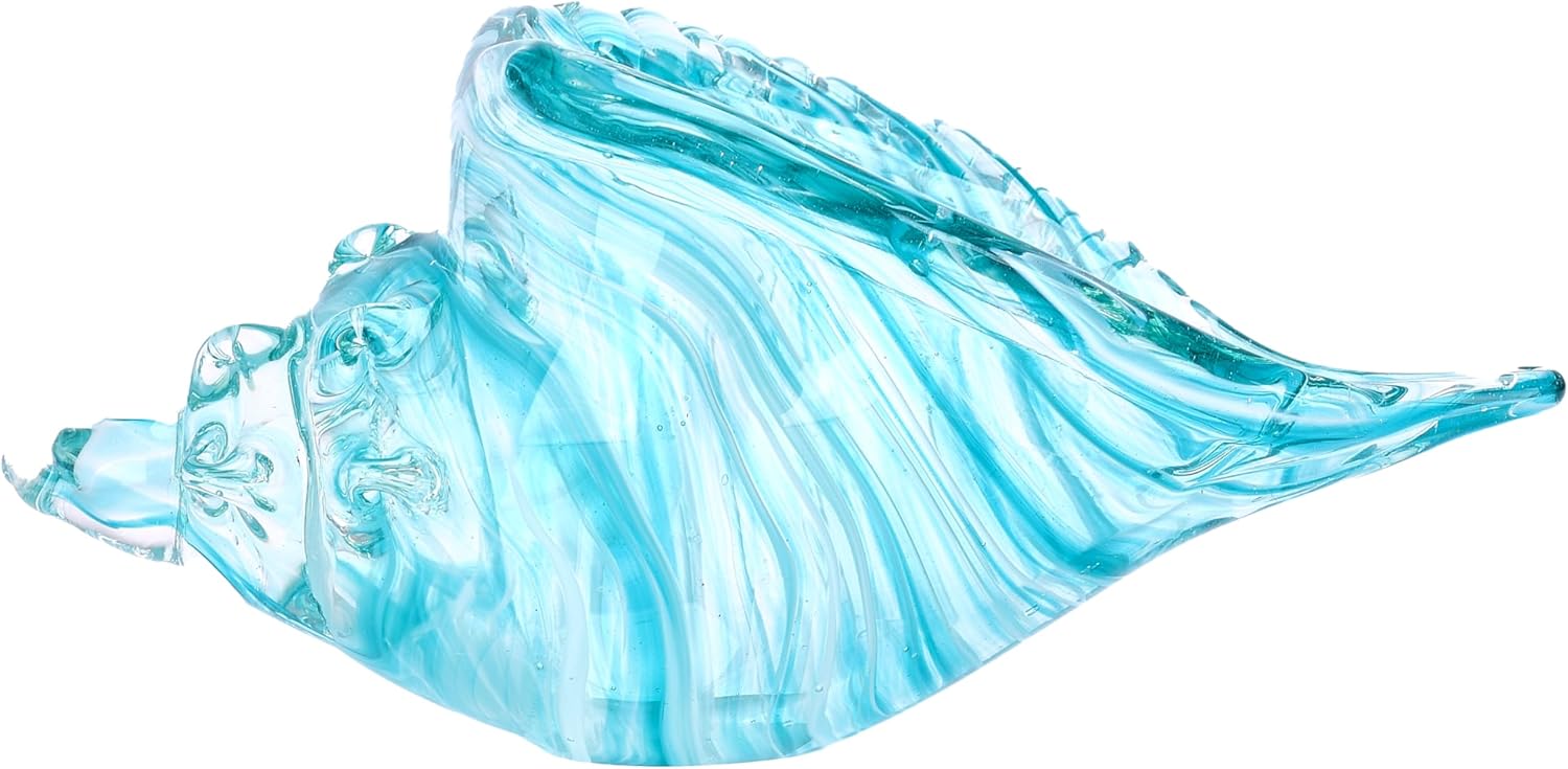 MEANT2TOBE Glass Conch Shell - White and Green Glass Art Sculpture for Office, Desk, Bookshelf, Table - Sea Shell Glasses - Hand Blown Seashell Bowl - Magic Conch 6.8 x 6.6 x 6.7 in Blue