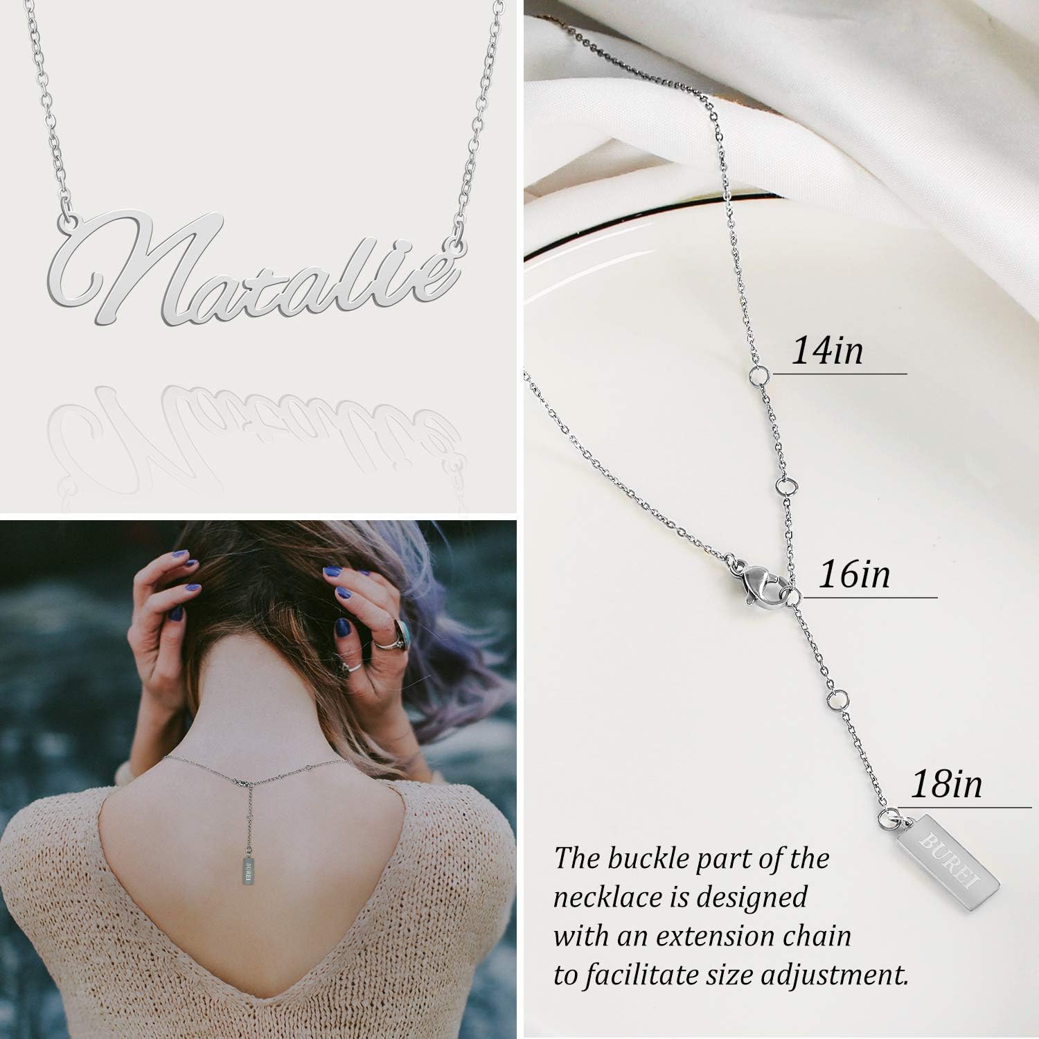 BUREI Women Personalized Name Necklace Silver Pendant Necklace Gifts for Natalie - Image 3