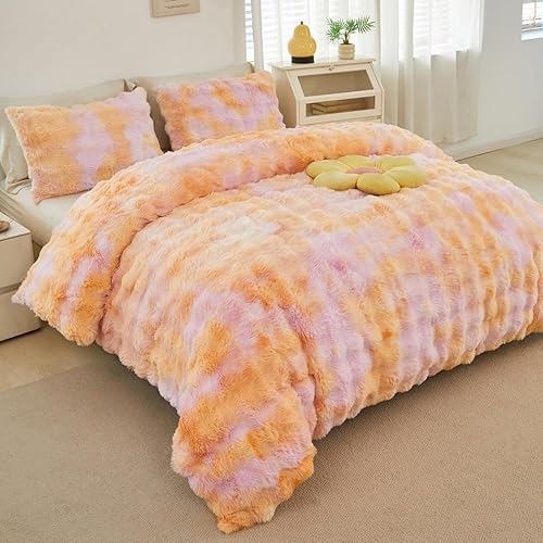 Miniatura 31 de SUCSES Faux Fur Duvet Cover Set Twin Size, Tie Dye Rainbow Plush Shaggy Girls Bedding Set, Soft Velvet Fluffy Fuzzy Ombre Comforter Cover Set