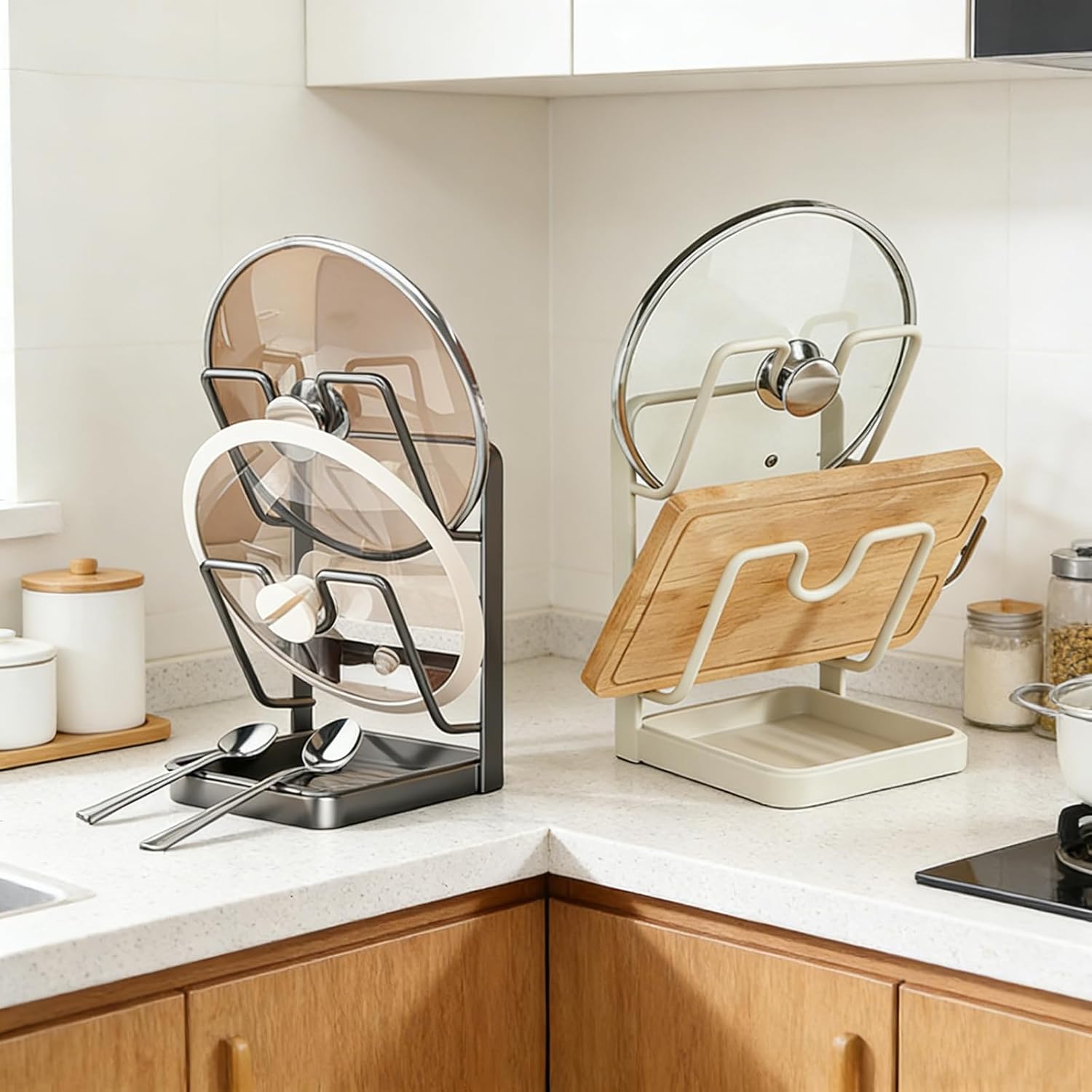 304 Stainless Steel Kitchen Pot Lid Storage Rack, Pot Lid Holder while Cooking, Pot Lid Organizer with Removable Tray & Spoon Rest,Waterproof & Rustproof(Beige+Grey, 2 Layer)