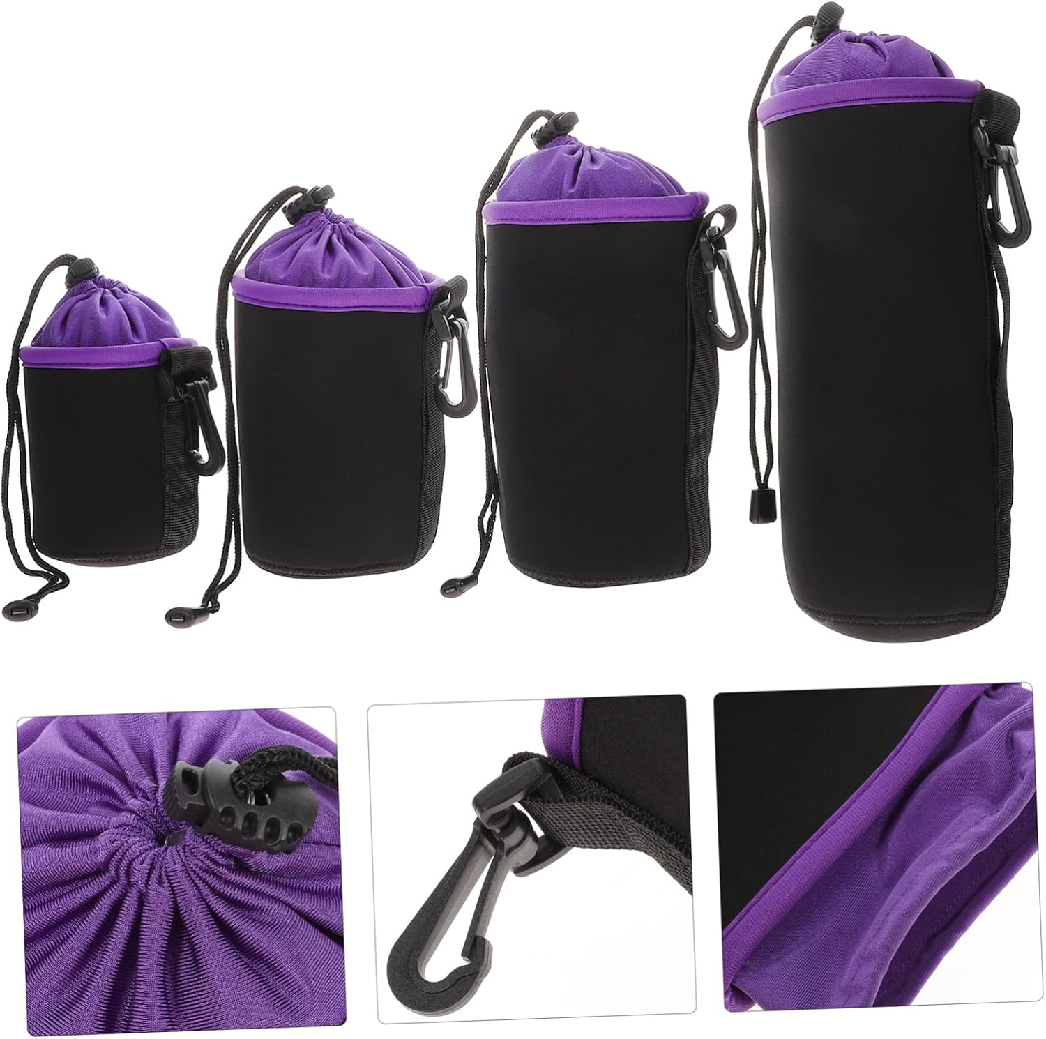 Homoyoyo 4pcs Camera Lens Pouches with Drawstring Closure Thickened Neoprene Protective Storage Bags for DSLR Lenses Elastic Shock-absorbing Soft Covers in Purple for Travel and Outdoor Use